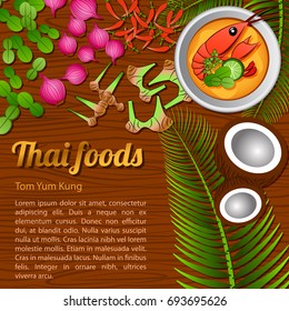 Thai delicious and famous food.river prawn spicy soup Tom yum kung and ingredient with wooden background,vector illustration