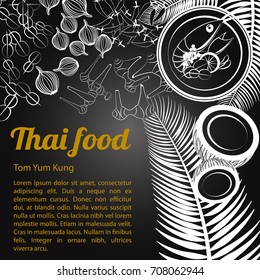 Thai delicious and famous food.river prawn spicy soup Tom yum kung and ingredient with isolated black background,black and white gray scale style,vector illustration