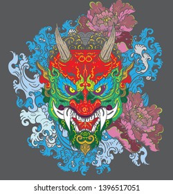 Thai Demon mask with water splash and peony flower tattoo.Traditional Thai tattoo and wave design.