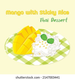 Thai dessert of colorful Mango with Sticky Rice and Coconut milk sauce. Vector illustrations.