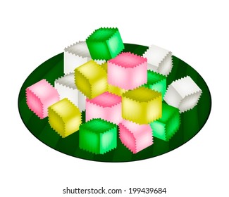 Thai Dessert, Colorful Thai Style Homemade Crispy Jelly, Crispy Outside and Soft Inside on Green Banana Leaf. 