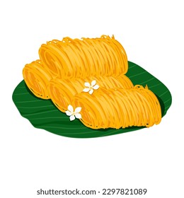 Thai Dessert, Foi Thong, golden egg yolk threads on green bananas leaf with Jasmine decoration. Thai traditional sweet menu. Hand drawing Thai sweet made by egg yolk on white background. Close up menu