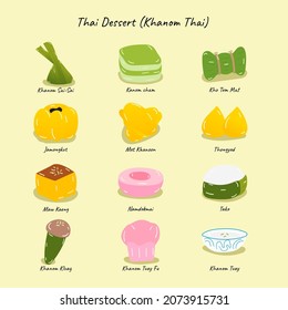 Thai dessert icon set, 12 icons, black outline, name below icons, vector, illustration.