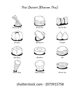 Thailändisches Dessert Icon Set, 12 Symbole, schwarze Umrisse, Name unter den Symbolen, Vektorgrafik, Illustration.