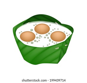 Thai Dessert, An Illustration of Cantaloupe Tapioca with Sago in Syrup and Coconut Milk Served with Crushed Ice in Counts Banana Leaf. 
