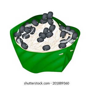 Thai Dessert, An Illustration of Sticky Rice and Black Beans in Syrup and Coconut Milk in Counts Banana Leaf. 