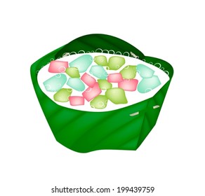 Thai Dessert, An Illustration of Stuffed Water Chestnut in Syrup and Coconut Milk Served with Crushed Ice in Counts Banana Leaf. 