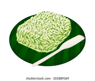 Thai Dessert, An Illustration of Sweet Green Pandanus Sticky Rice with Split Mung Bean on Green Banana Leaf. 