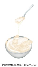 Thai Dessert, An Illustration of Sweet Ripe Banana Boiled in Coconut Milk on A White Bowl Isolated on White Background. 