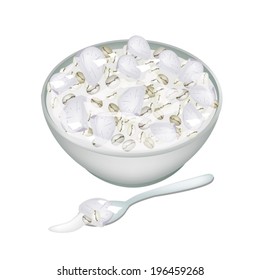 Thai Dessert, An Illustration of Sweet Ripe Taro and Jobs Tears Boiled in Coconut Milk on A White Bowl Isolated on White Background. 