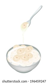 Thai Dessert, An Illustration of Sweet Slice Banana Boiled in Coconut Milk on A White Bowl Isolated on White Background. 