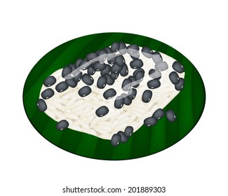 Thai Dessert, An Illustration of Sweet Sticky Rice and Black Beans on Green Banana Leaf. 
