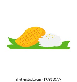 Thai dessert known as khao niaow ma muang(mango sticky rice) on banana leaf for the summer season. Mangoes are one of popular fruits in Thailand.(juicy, brightly yellow flesh of the fully ripe fruit)