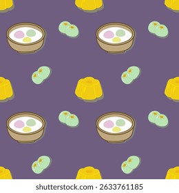 Thai dessert set cute food vector.Pastel colorful seamless background.Food illustration artwork