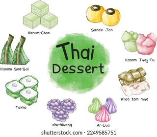 Thai dessert set Vector illustrations of color drawing