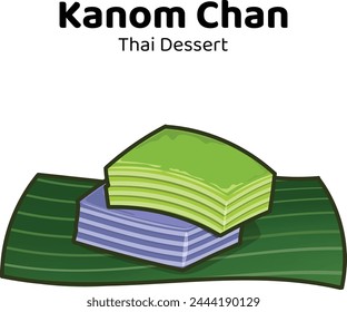 Thai-Dessert gedämpfte Kuchen, asiatische Desserts aus Pandanblättern und Mehl aus Reismehl, Maniok, Kokosmilch und Zucker. Kanom chan Hand gezeichnete Cartoon-Doodle-Stil.