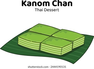 Thai-Dessert gedämpfte Kuchen, asiatische Desserts aus Pandanblättern und Mehl aus Reismehl, Maniok, Kokosmilch und Zucker. Kanom chan Hand gezeichnete Cartoon-Doodle-Stil.