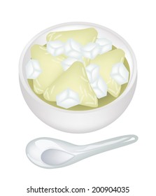Thai Dessert and Sweet Food, Rice Pyramid Dumpling Made From Sticky Rice with Syrup and Ice Cubes in A White Bowl Isolated on White Background. 