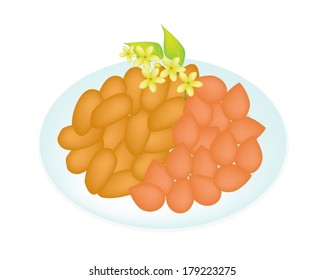 Thai Dessert, Vector Illustration of Sweet Food and Dessert Food of Thai Style Handmade Golden Sweet Meat in Two Assorted Flavors  