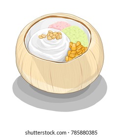 Thai Desserts 14 - Coconut ice cream in coconut shell served with corn, peanut and sticky rice