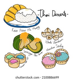 Thai desserts drawing set vector illustration