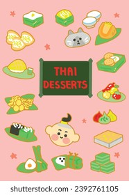 Thai-Desserts Icon Set. Handziehen Sie doodle Art Cartoon Stil. 