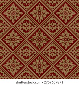 Thai diamond lattice with alternating florals and lotus buds in deep crimson and gold — regal, seamless. Ideal for fabric, tile and surface design.