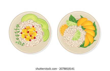 Thai Dish and Main Course with Noodles with Rice and Sliced Mango and Avocado Fruit Served on Plate Above View Vector Set