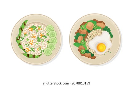 Thai Dish and Main Course with Rice and Scrambled Egg Served on Plate Above View Vector Set