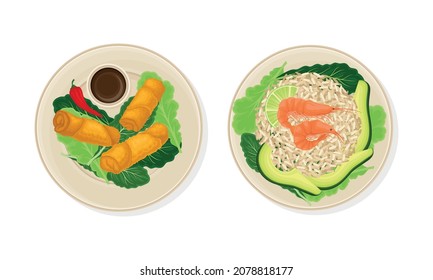 Thai Dish and Main Course with Rice and Green Vegetables Served on Plate Above View Vector Set