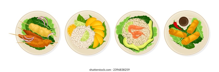 Thai Dish and Main Course with Rice and Shrimp Served on Plate Above View Vector Set
