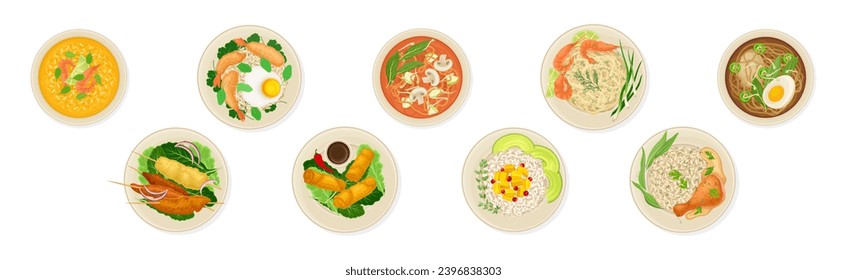 Thai Dish and Main Course with Rice and Shrimp Served on Plate Above View Vector Set