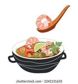 Thai dish tom yam soup side view on a white background. Asian food. Vector illustration for restaurants, menus, decor