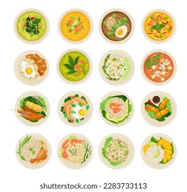 Thai Dishes and Food Served on Plate Above View Big Vector Set