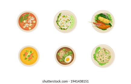 Thai Dishes and Main Courses with Noodle Soup, Pasta and Rice Top View Vector Set