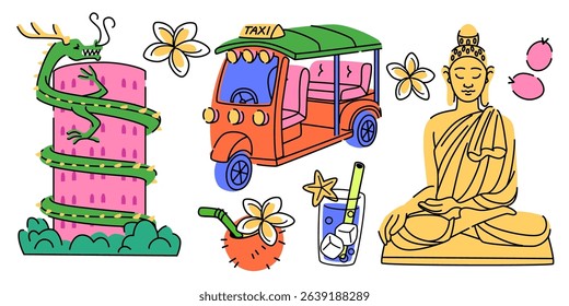 Thai doodle collection with Buddha statue, tuk-tuk taxi, dragon temple, tropical flowers and coconut drink. Colorful Southeast Asian cultural elements for travel illustrations, exotic tourism design.