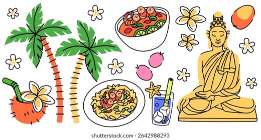 Thai doodle collection with Buddha statue, palm trees, tropical flowers, pad thai noodles, tom yum soup bowl, coconut drink, mango fruit and plumeria blossoms. Hand drawn Asian culture elements.