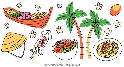 Thai doodle elements with floating market boat, palm trees, traditional hat, street food and tropical flowers. Southeast Asian illustrations of cultural symbols for travel guides or tourism promotion.