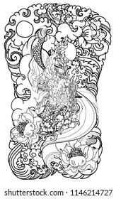 Thai Dragon isolate vector and tattoo design.Thai buddhism and Animal of Himmapan forest in smoke and cloud vector.Thai beta fish with peony flower coloring book tattoo background.