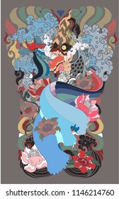 Thai Dragon isolate vector and tattoo design.Thai buddhism and Animal of Himmapan forest in smoke and cloud vector.Thai beta fish with peony flower coloring book tattoo background.