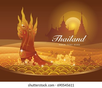 Thai Dragon or Serpent King or King of Naga Statue In Thai, Thailand Water Gold Background, Thai art graphic vector