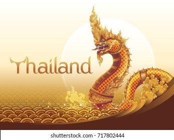 Thai Dragon or Serpent King or King of Naga Statue In Thai, Thai art graphic vector. Thailand Water Gold Background
