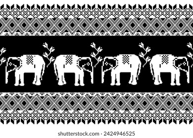 Thai elephant border, ethnic pixel pattern, ornament, Thai traditional style,  illustration design for wrap, textile, silk, fabric