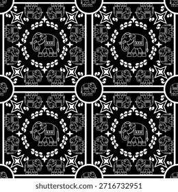 Thai Elephant Geometric Fabric Pattern Black White Ethnic Mandala Vector Seamless Border Graphic