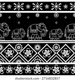 Thai Elephant Geometric Fabric Pattern Seamless Border Graphic Black White Ethnic Mandala Vector