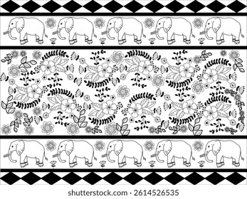 Thai elephant native style for traditional fabric patterns design, Floral with elephant patterns textiles design for clothing, Elephant pattern design with floral black and white illustration vector 