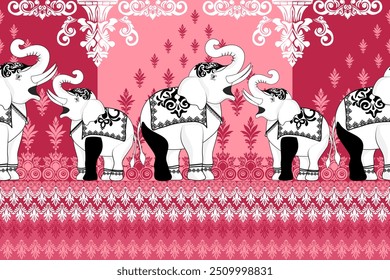 Thai Elephant Pattern Elephant Pattern Red Background Seamless Floral Pattern