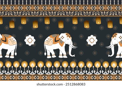 Patrón de elefante tailandés - Colores de tema de fondo blanco, amarillo y negro, patrón de tela nativa de Tailandia - Imágenes digitales para Descarga e impresión, Fondo de pantalla, fondos, portada de libro y muchos proyectos.