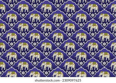 Thai Elephant Seamless Pattern on Violet Background.  Vector design for fabric, tile, embroidery, carpet, background and wallpaper
