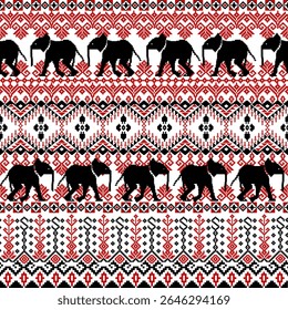 “Traditional Thai elephant textile pattern with geometric motifs. Seamless vector design inspired by cultural heritage, perfect for fabric, wallpaper, product packaging, and interior decor.”